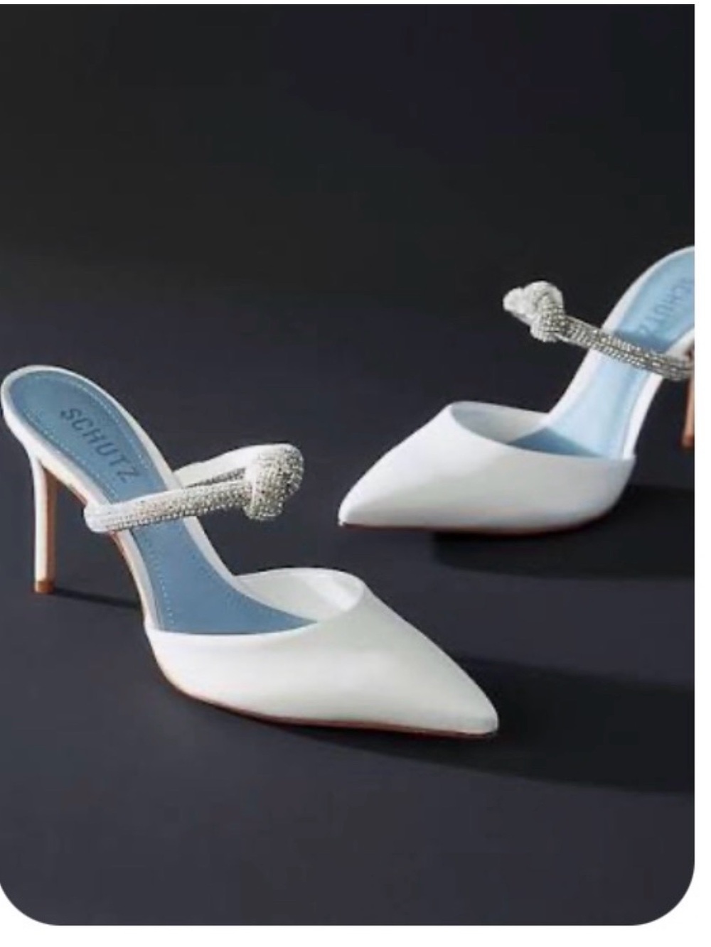 NWT retail $238#SCHUTZ White Pointed Crystal-Knot Mule Heels